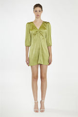 Light-Olive V-Neck-Ruched-Front Mini-Dress