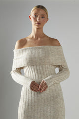 Stone-Marl Bardot-Knit Midi-Dress