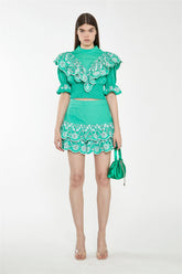 Green Broderie Ruffle Mini Skirt