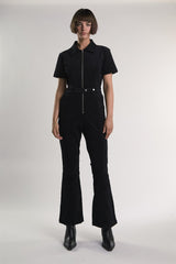 Black-Baby-Cord Belted Long-Jumpsuit