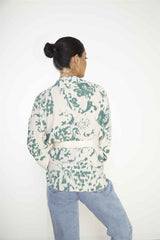 Cream Green Abstract Oversized Blouse with Wrap Tie