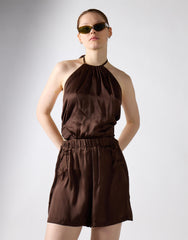 Open Tie Back Halter Playsuit - Brown