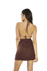 Brown-Linen Halterneck Mini-Dress