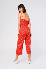 Red Ditsy-Flower Shirred Jumpsuit
