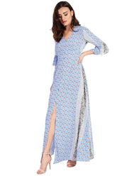 Blue-Rust Border Button-Front Maxi-Dress
