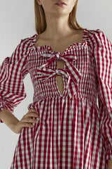 Cherry-Red-Gingham Front-Tie-V-Neck Midaxi-Dress