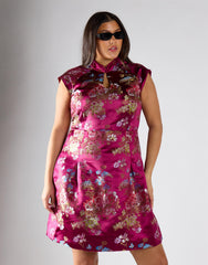 Glamorous Curve Wine Brocade Keyhole Dress