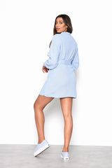 Light Blue Long Sleeve Tie-Waist Mini Dress
