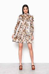 Black Gold Multi Floral High Neck Mini Dress with Gathered Tiers and Sleeves