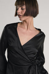 Black-Sateen Wrap Long Sleeve-Top