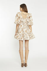 Tan-Multi-Blossom Ruffle-Neckline Mini-Dress