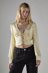 Cream-Sateen Lace-Up-Front Crop-Top