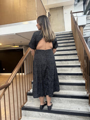 V - Neck Maxi Dress - Black White Dot