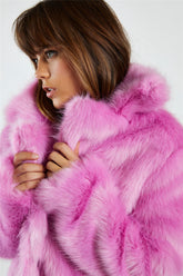 Hot Pink Faux Fur Coat with Lapel Collar