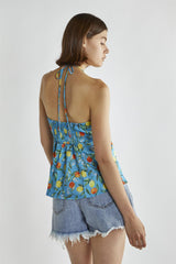 Blue Lemon-Print Halter-Neck Top