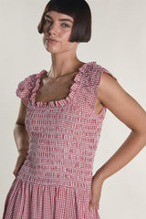 Red Gingham Frill Sleeve Maxi Dress