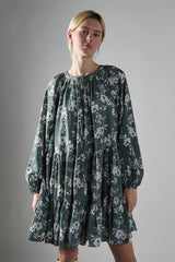Khaki White Floral Poplin Tiered Mini-Dress