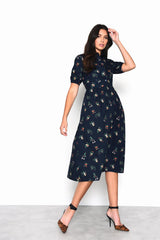 Navy Cottage-Floral V-Neck Midi-Dress