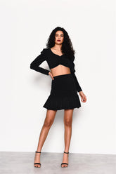 Black-Lurex High-Waisted-Ruffle Mini-Skirt