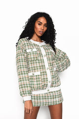 Green-Tweed-White Button-Front Long Sleeve-Jacket