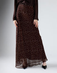 Brown Cream Spot Chiffon Maxi Skirt