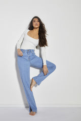 Womens Bright Bleach Blue High Waisted Straight Leg Jeans with Side Split