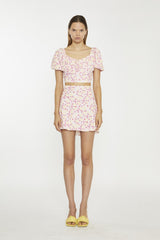 Pink Yellow Bunch Floral Short-Sleeve Tie-Detail Crop-Top