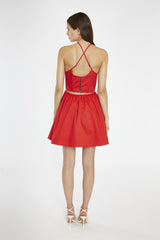 Poppy-Red Cross-Over Halterneck Corset Mini-Dress