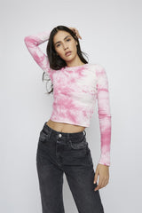 Pink-Tie-Dye Long-Sleeve-Ribbed Crop-Top
