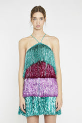 Pink Teal Purple Tinsel Fringe Halterneck Mini-Dress