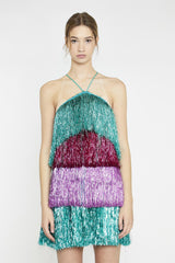 Pink Teal Purple Tinsel Fringe Halterneck Mini-Dress