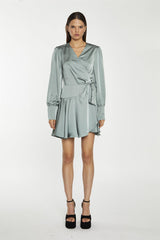 Dusty-Green Satin Wrap Mini-Dress