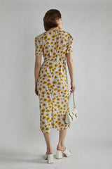 Yellow-Floral-Black-Dot Short-Sleeve Midi-Dress