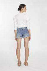 White High Neck Puff Shoulder Top