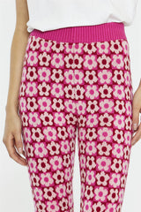 Pink Red Flower Check Flare High-Waist-Trousers