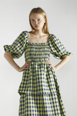 Yellow-Blue Check Tiered Maxi-Dress