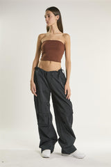 Brown Rib Bandeau Crop-Top
