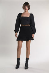 Black Long-Puff-Sleeve-Tie-Detail Crop-Top