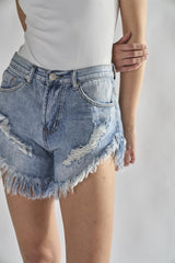Antique-Wash High-Waisted Distressed Denim-Shorts