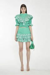 Green Broderie Ruffle Crop Top