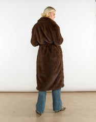 Belted Faux Fur Longline Coat in Brown