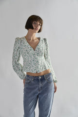 Green-Ditsy V-Neck-Blouse