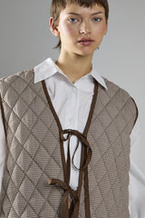 Brown Cream Gingham Quilted Front Tie Gilet