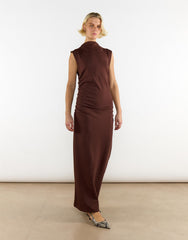 Brown Cotton Mock Neck Long Dress