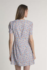 Blue-Red-Ditsy Button-Front Mini-Dress