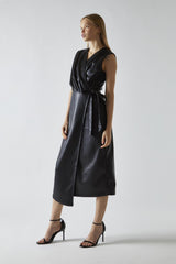 Black-Pu Wrap Midi-Dress