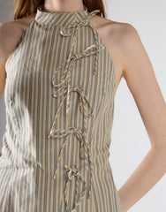 Stone Blue Stripe High Neck Bow Detail Top