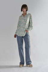 Green Daisy Collared Long Sleeve Tops