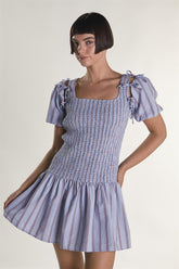 Blue Check Stripe Mini Dress with Bow Sleeves