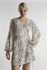 Stone-Sketch-Print Long-Sleeve-Wrap Mini-Dress